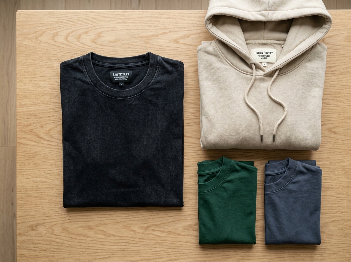 Aesthetic flatlay of premium t-shirt and hoodie blanks in washed black and oat beige