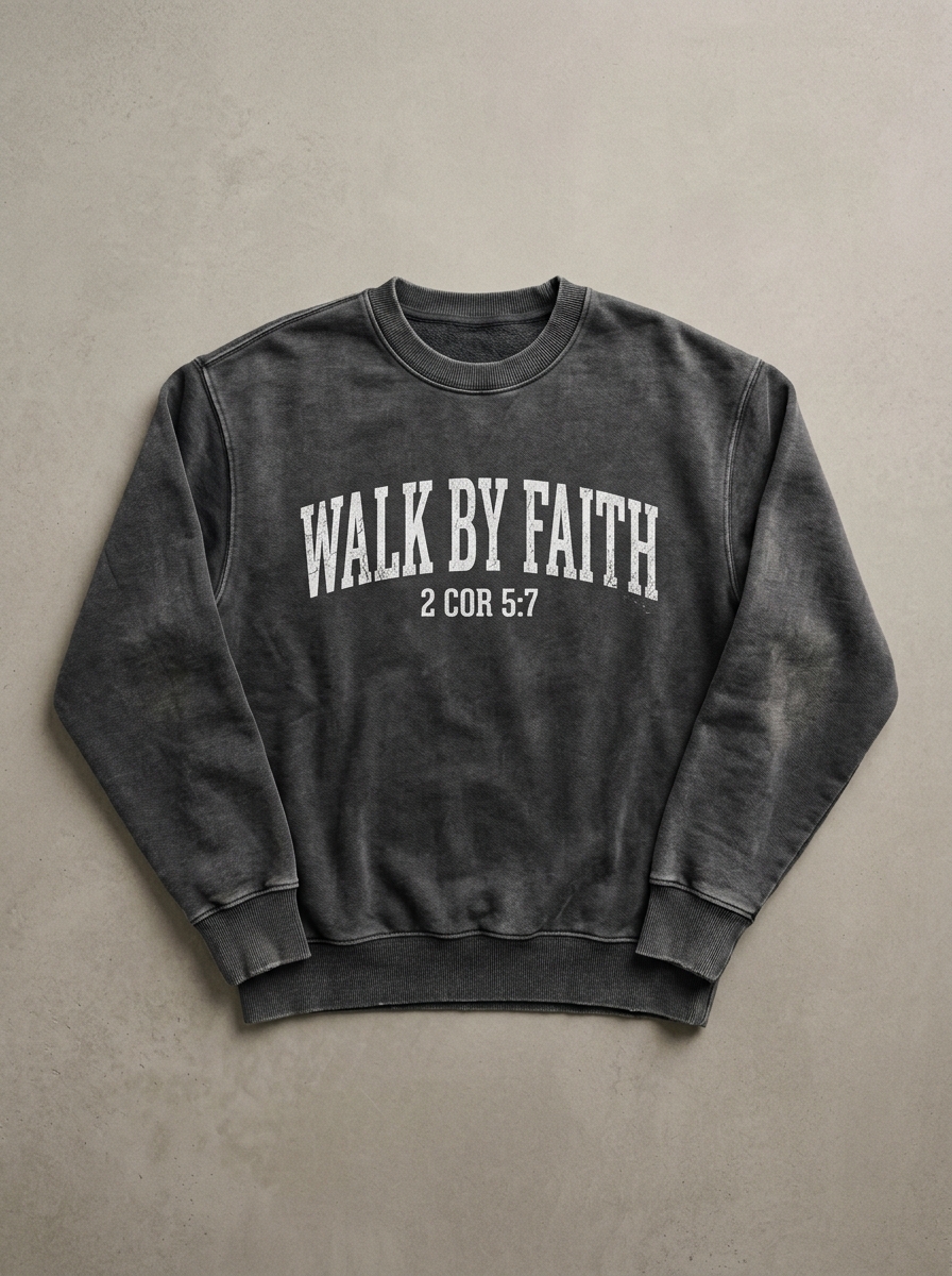Walk By Faith Acid-Wash Crewneck - Charcoal