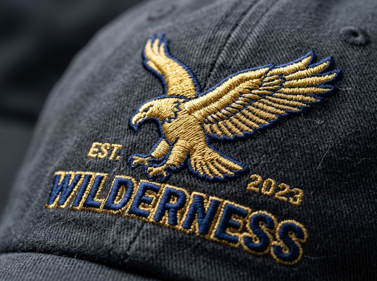Macro detail of 3D puff embroidery eagle stitched on charcoal snapback cap