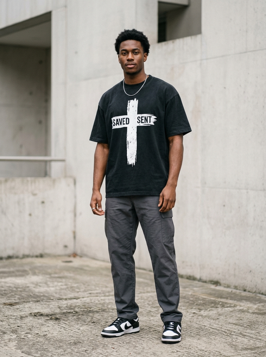Model wearing Saved & Sent Heavyweight Distressed Cross Streetwear Tee