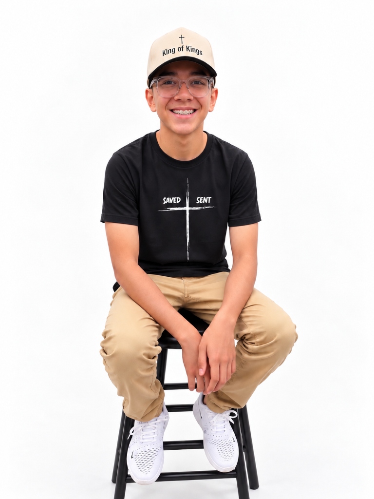 Josh wearing official Saved & Sent Distressed Cross Streetwear Tee & King of Kings Hat