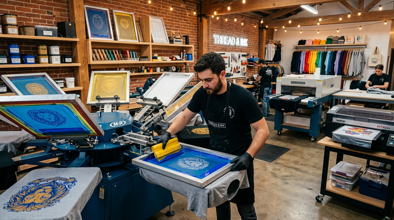 Saved and Sent print shop workshop in action with carousel screen printing press