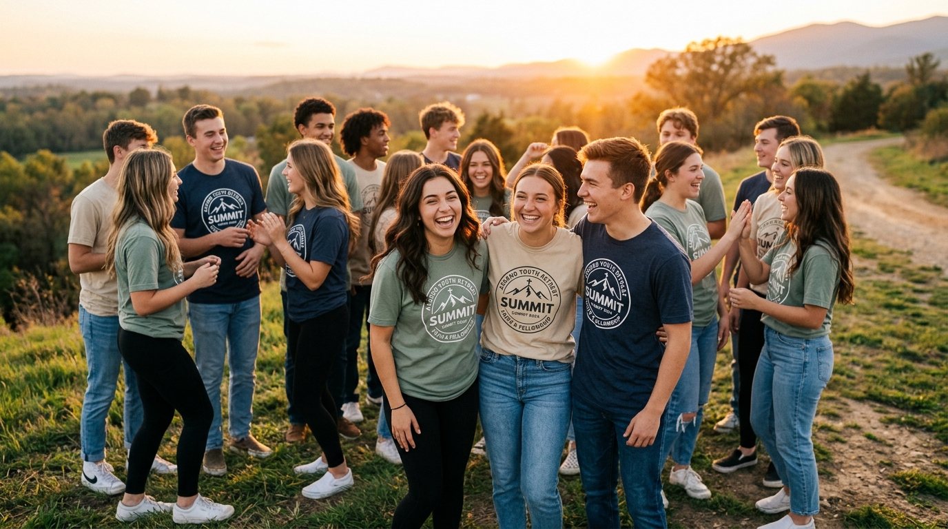 Church youth group students wearing matching Summit retreat t-shirts outdoors